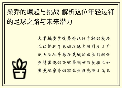 桑乔的崛起与挑战 解析这位年轻边锋的足球之路与未来潜力