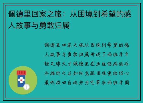 佩德里回家之旅：从困境到希望的感人故事与勇敢归属
